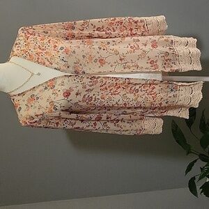 Xhilaration Floral Print Crochet Trimmed Bohemian Kimono Cover Up - Size S